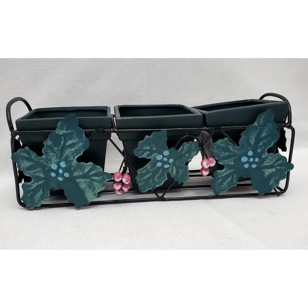 Vintage Square 3 Green Clay Pots With Metal Ivy‎ Leaves Planter Rack 11" x 4" - Picture 9 of 9
